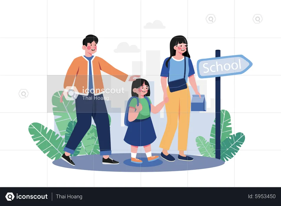 Parents take their children to school  Illustration