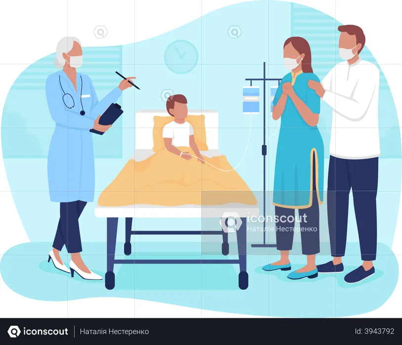 Parents talking with doctor about kid condition  Illustration