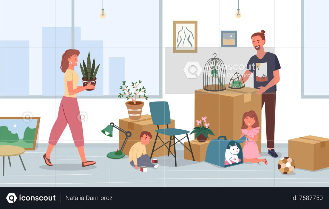 Parents unpacking stuff in new home  Illustration