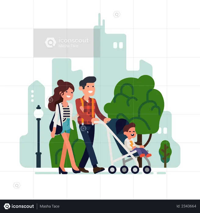 Parents walking along street carrying stroller with their child  Illustration