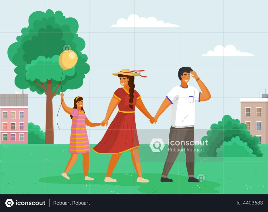 Parents with a child walking on the street  Illustration