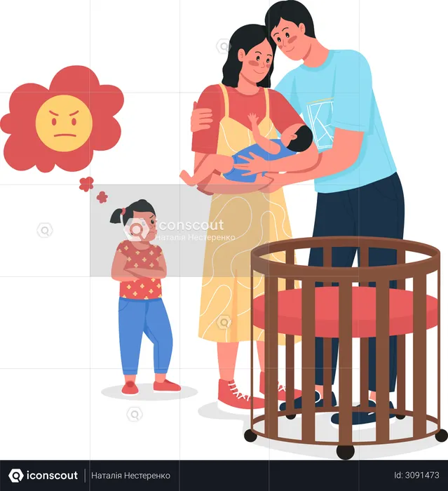 Parents with baby and upset daughter  Illustration