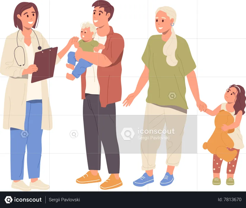 Parents with children visit family doctor for consultation  Illustration
