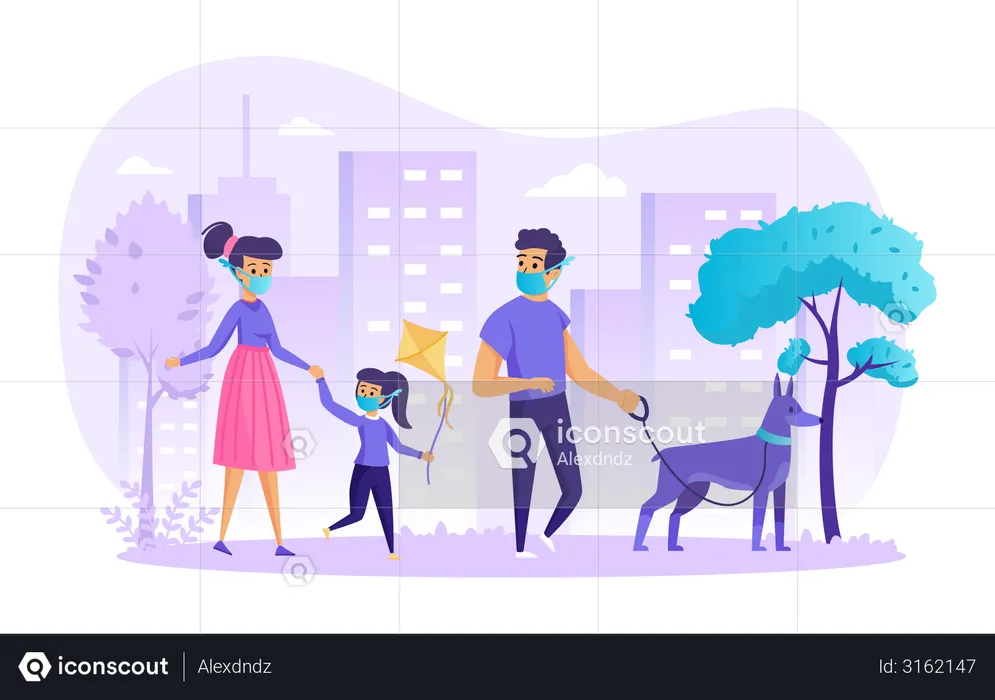 Parents with daughter in city park during quarantine  Illustration