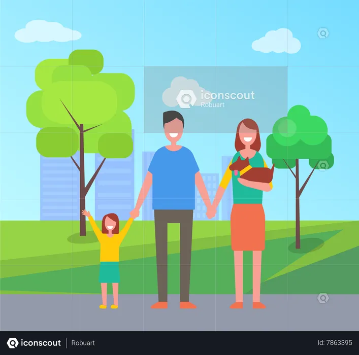Parents with Kid in Park  Illustration