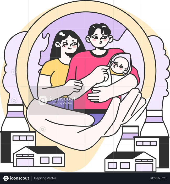 Parents with new baby in pollution environment  Illustration