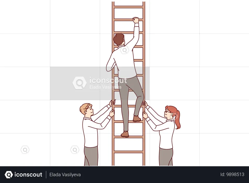 Partners support business man climbing career ladder and striving to achieve success  Illustration