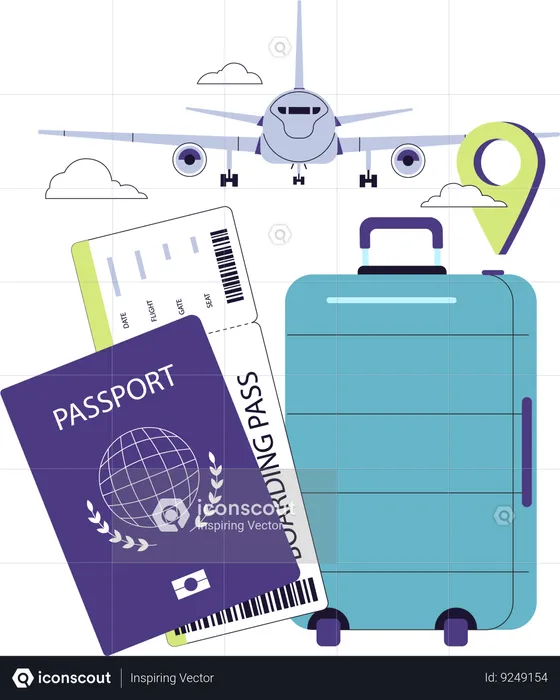 Pasaporte, tarjeta de embarque y equipaje preparados para el próximo vuelo.  Ilustración