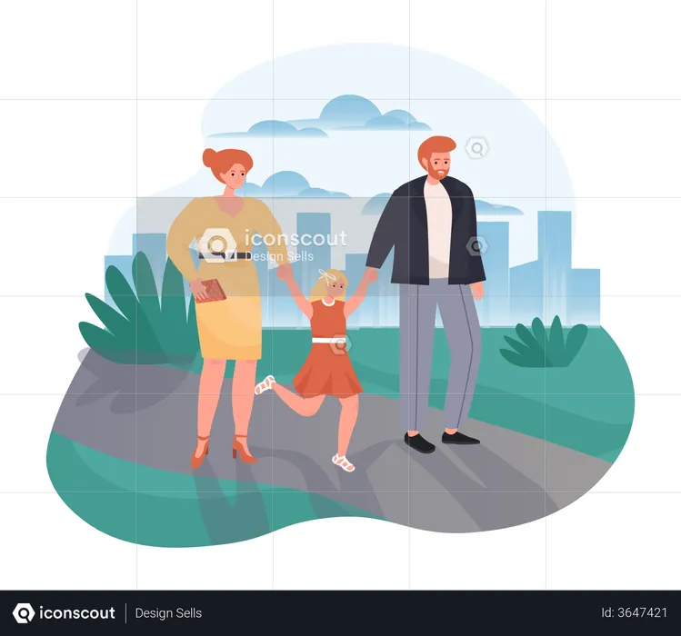 Familia Feliz Paseo Por El Parque De La Ciudad  Ilustración