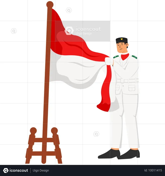 Hombre de Paskibraka besando la bandera roja y blanca  Ilustración