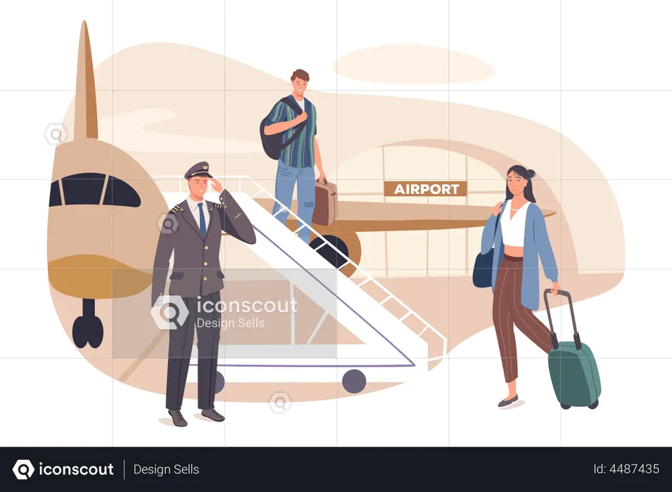 Des passagers avec des valises descendent dans un avion-échelle  Illustration