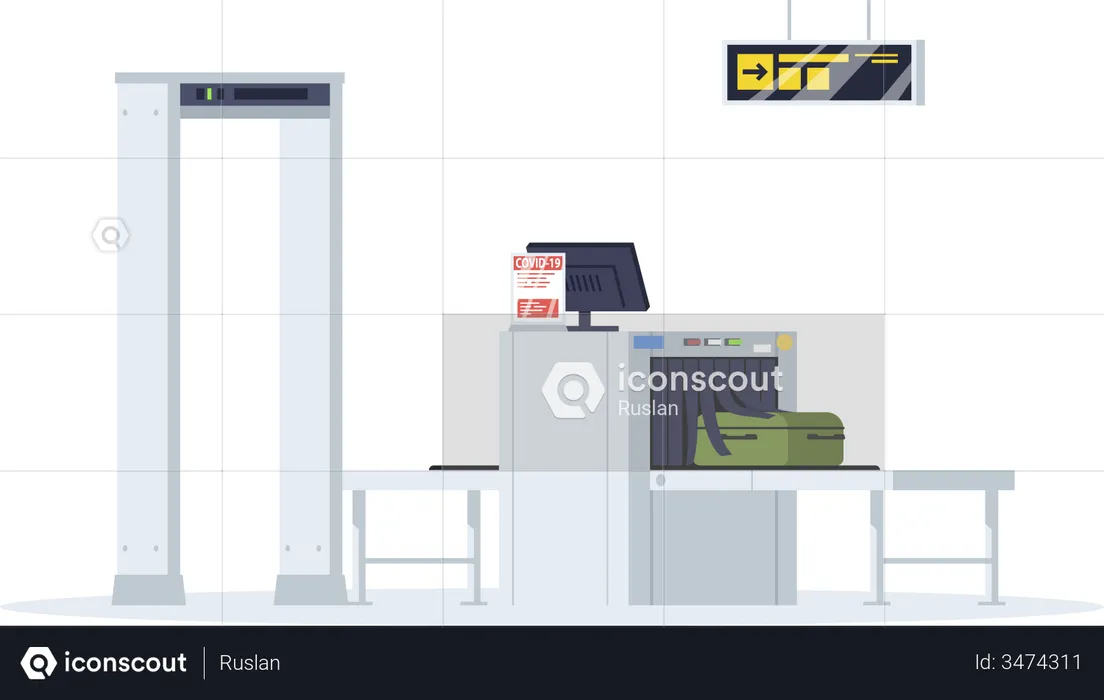 Passenger security control reception  with coronavirus warning  Illustration