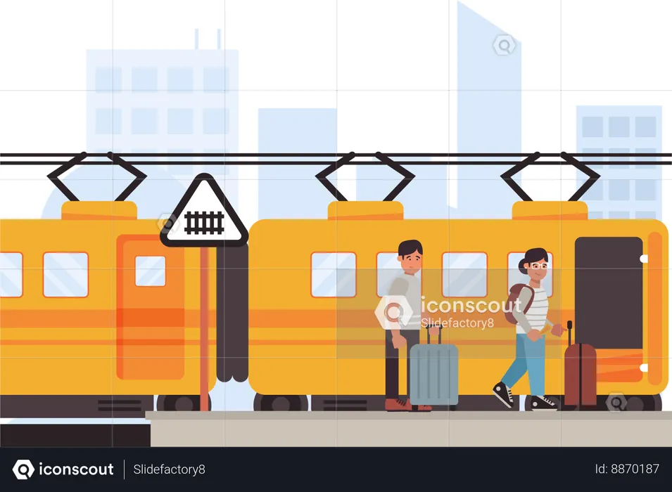 Passengers Boarding Electric Train  Illustration