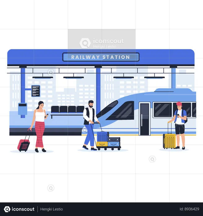 Passengers on central railroad station waiting train departure  Illustration