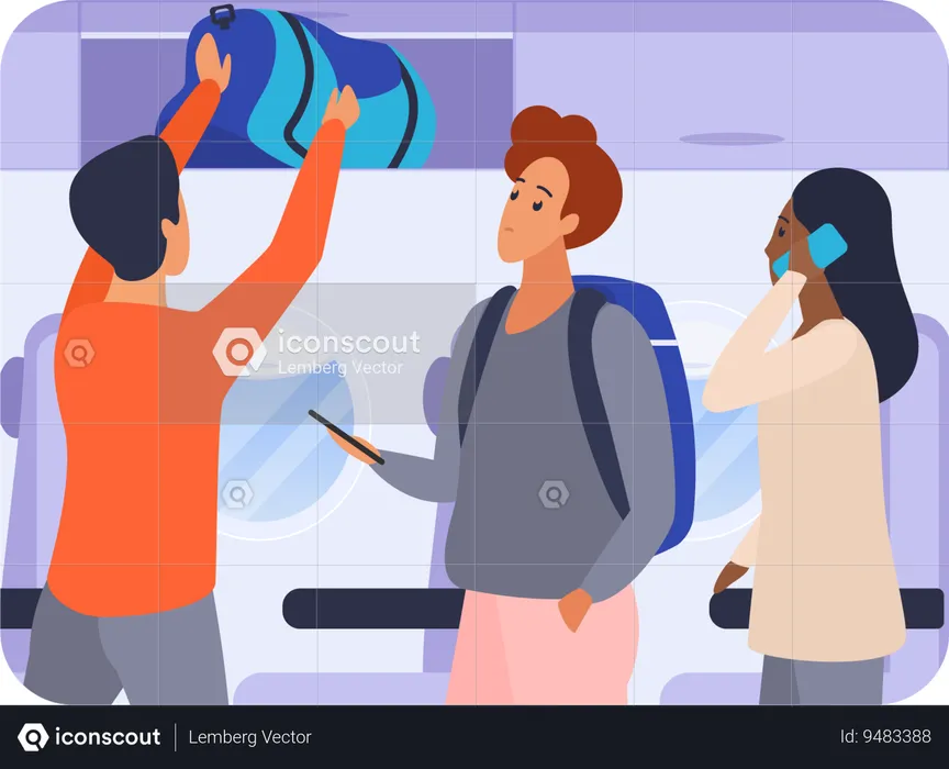 Passengers putting bag on flight  Illustration