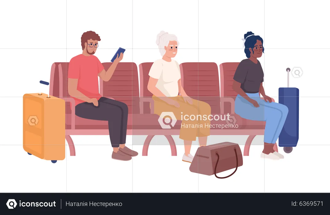 Passengers waiting for train and bus in waiting room  Illustration