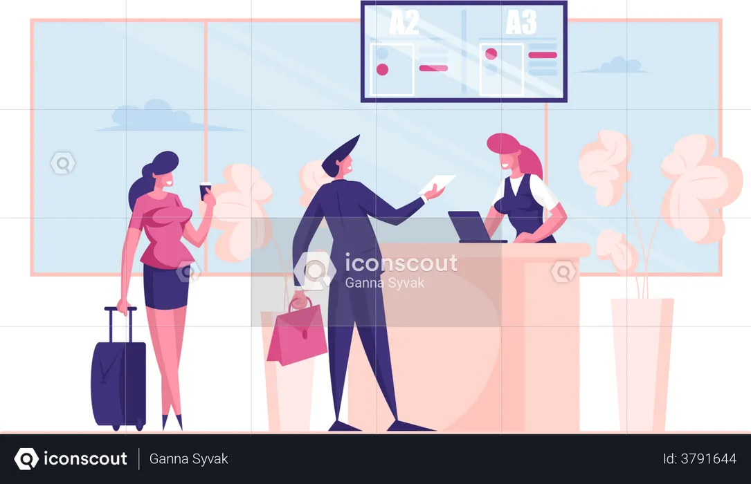 Passengers with Luggage Stand in Queue Prepare Documents for Flight Registration in Airport  Illustration