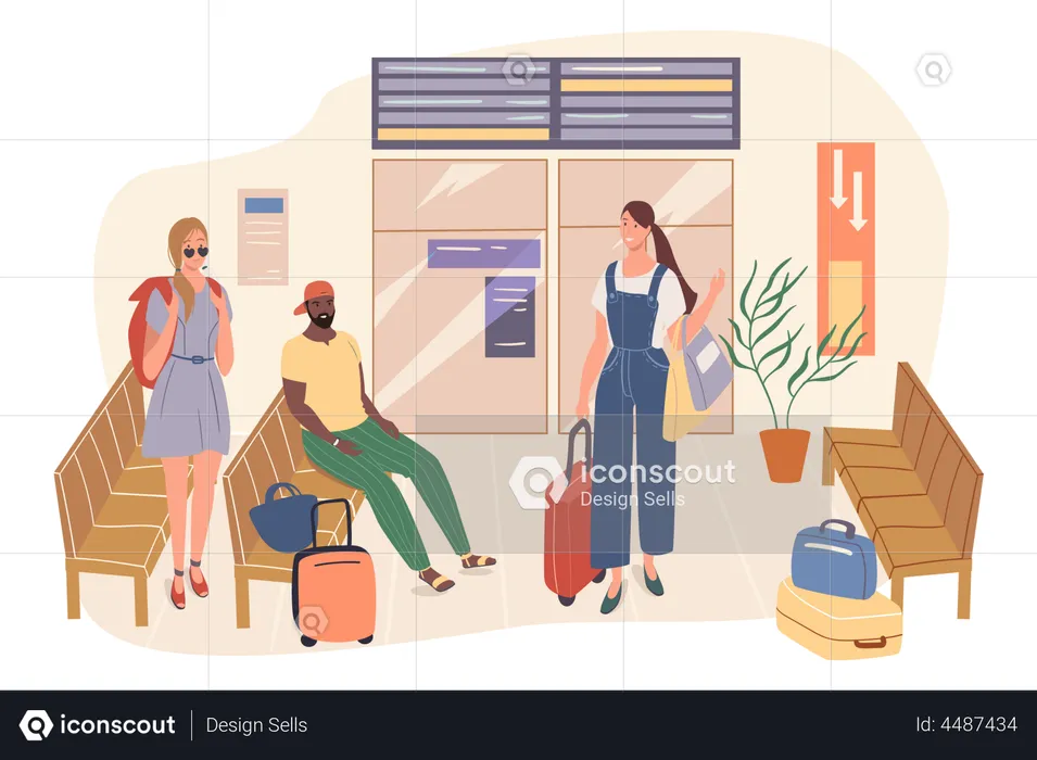 Passengers with suitcases sit in waiting room before boarding plane  Illustration