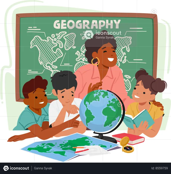 Passionate Geography Teacher Stands Amidst Diverse Group Of Curious Kids  Illustration