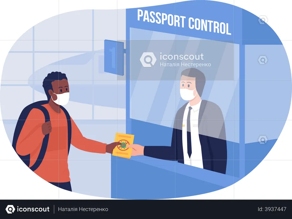 Passport control with health precaution  Illustration