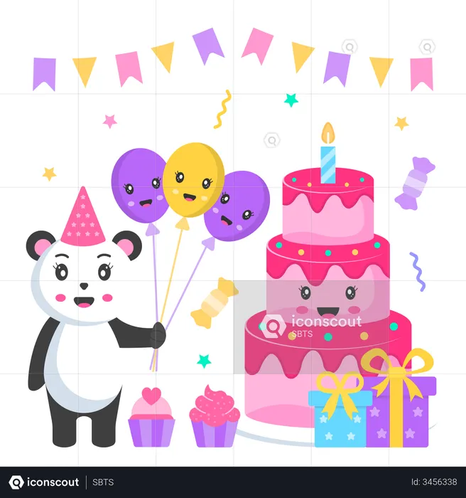 Pastel de cumpleaños y panda con globo.  Ilustración