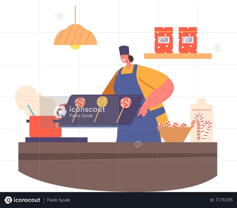 Pastry Chef Cooking Caramel Lollipops on Kitchen  Illustration