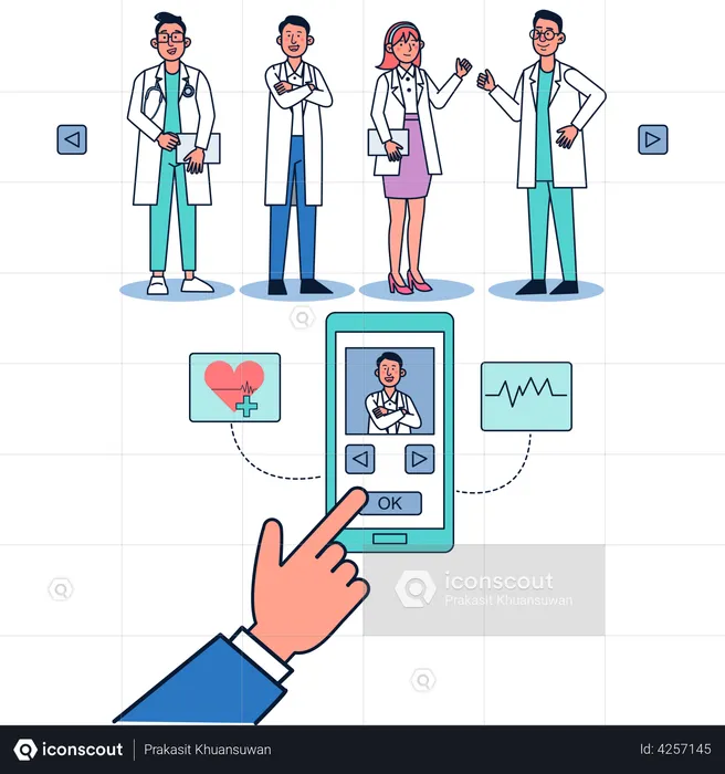 Patient choisissant un médecin pour un rendez-vous en ligne sur mobile  Illustration