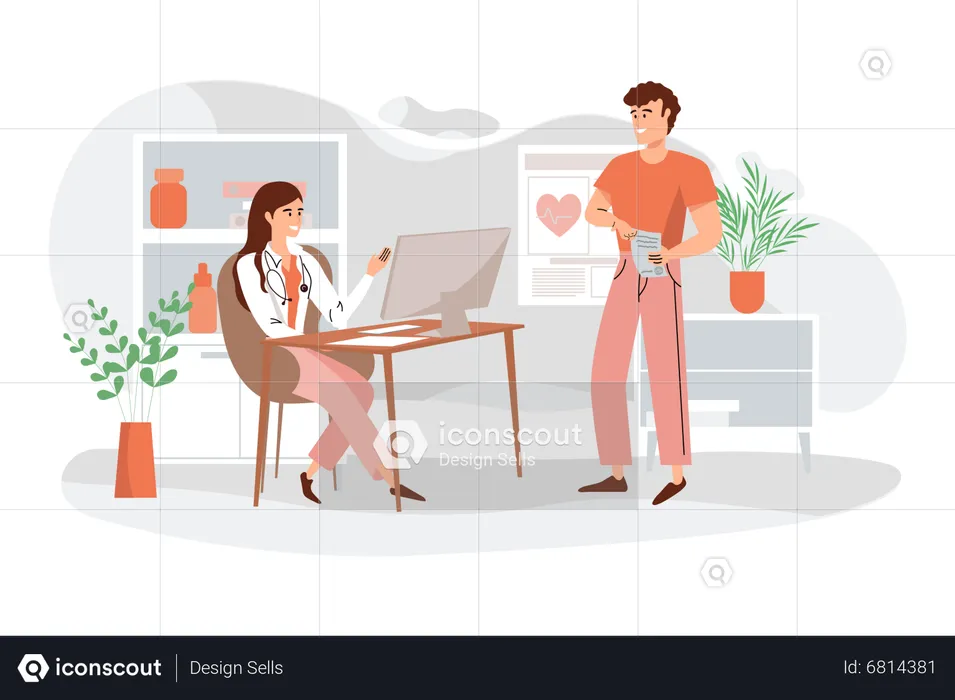 Patient masculin consultant une femme médecin  Illustration