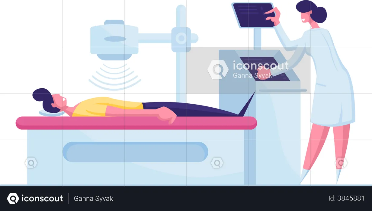 Patient Lying Down on X-ray or Mri Scan Machine with Nurse  Illustration