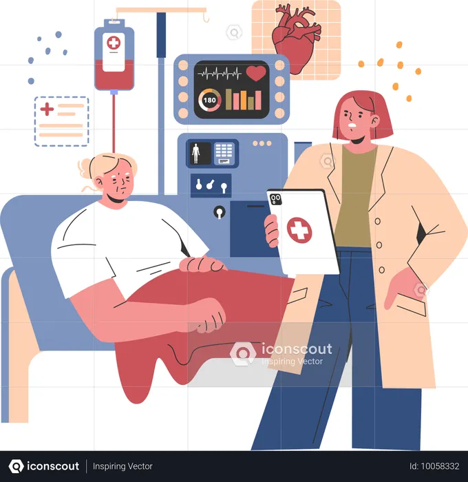 Patient lying on hospital bed while doctor reviewing his report  Illustration