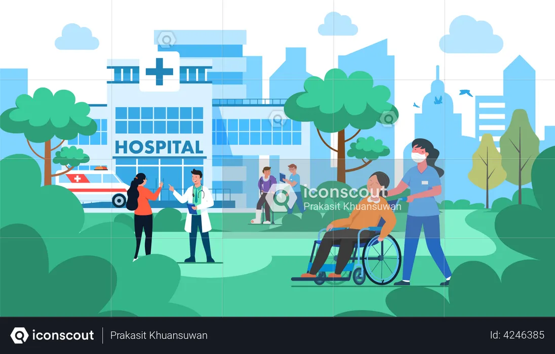 Patient walking around hospital premises  Illustration