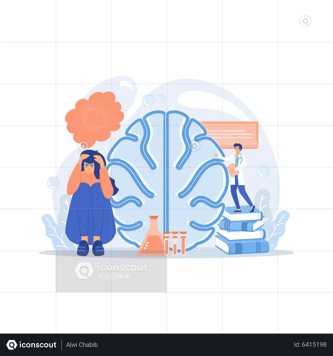 Patient with thought bubble and doctor examining brain  Illustration