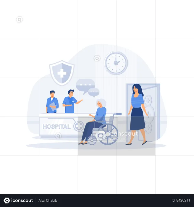 Patients at hospital reception desk registering and paying at desk  Illustration