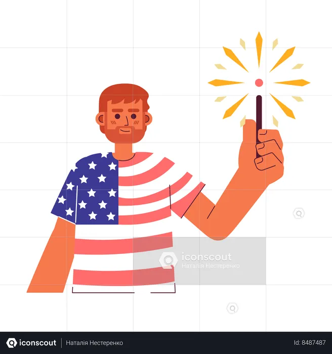 Patriotic caucasian man holding sparkler  Illustration