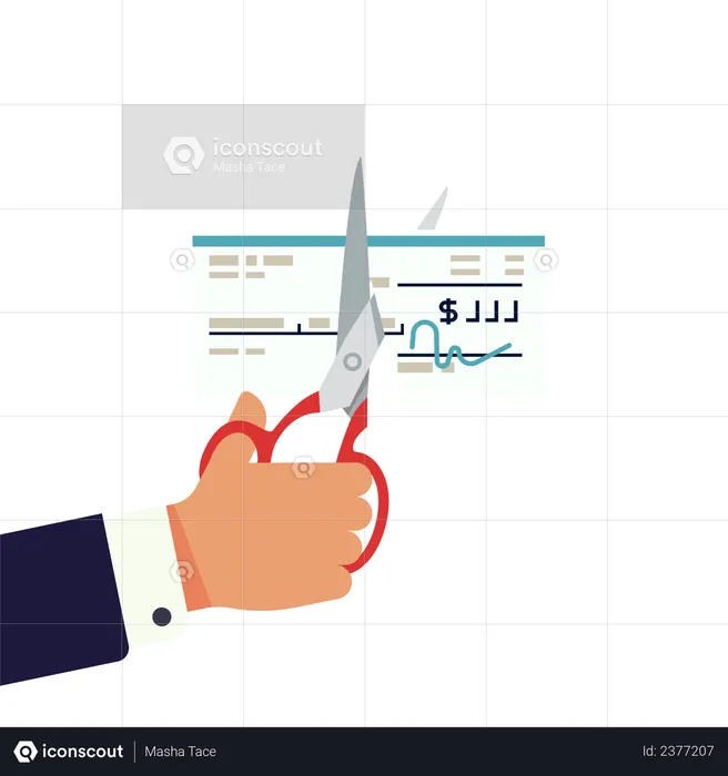 Pay cut with hand with scissors cutting a paycheck  Illustration