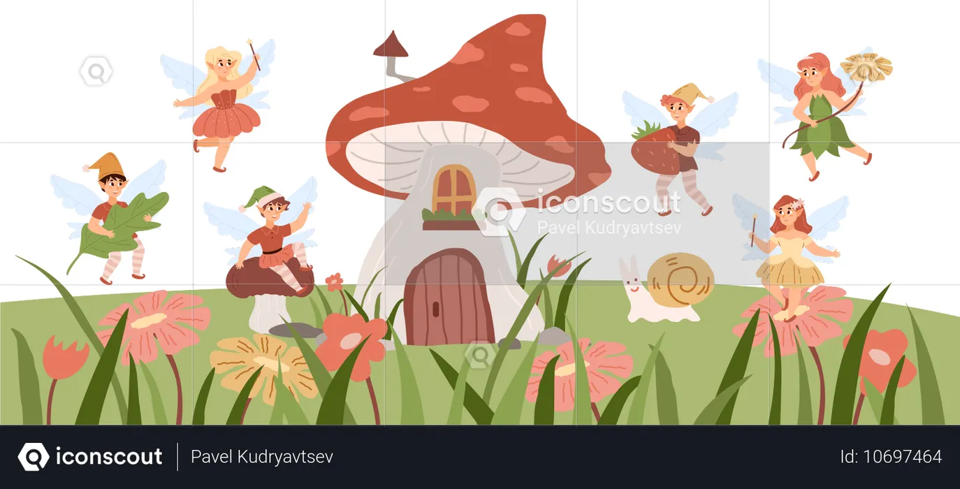 Paysage féerique avec des lutins volant autour d'une maison en forme de champignon  Illustration