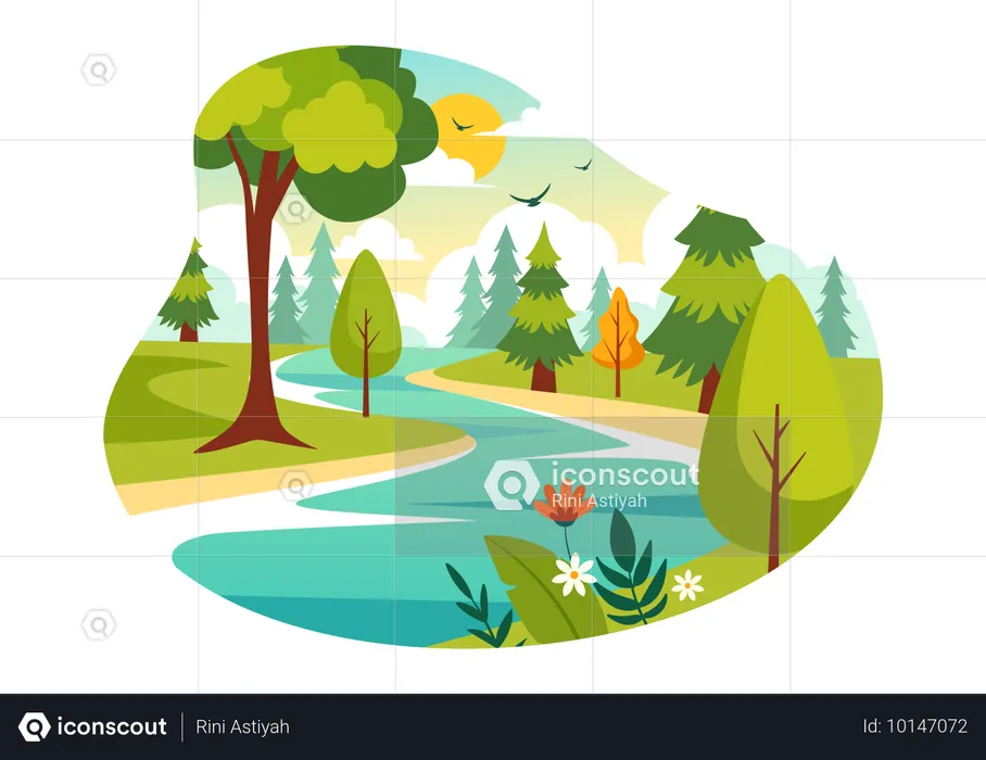 Paysage fluvial avec arbres  Illustration