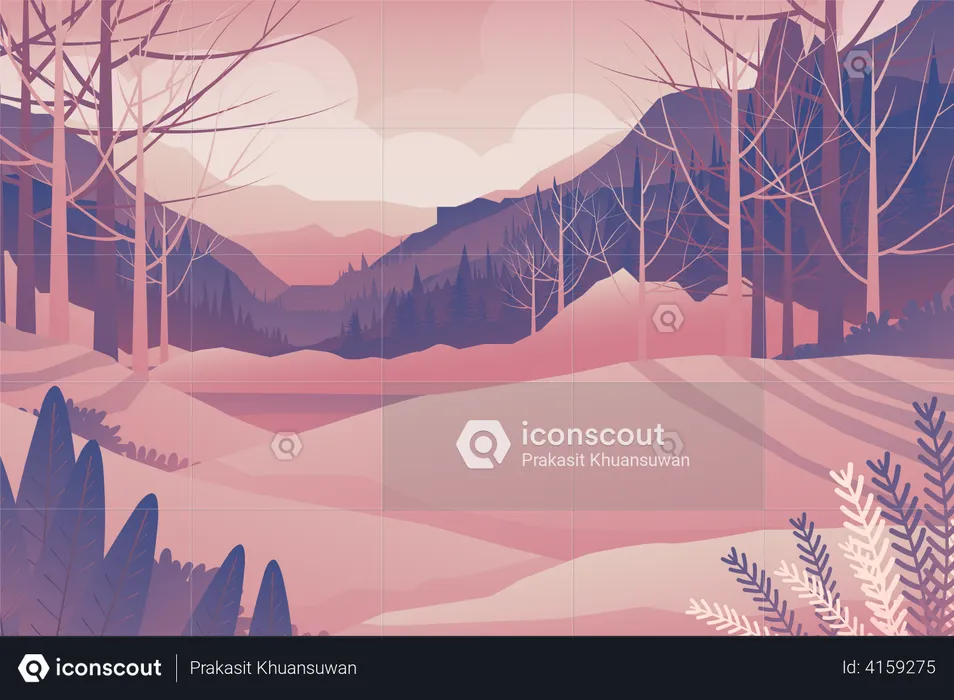 Peaceful warm sunrise over mountains, hill and forest, Beautiful landscape,  Illustration