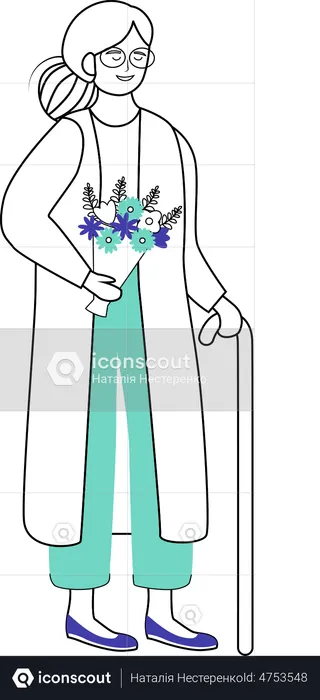 Peacefully smiling woman with sticks and flower bouquet  Illustration