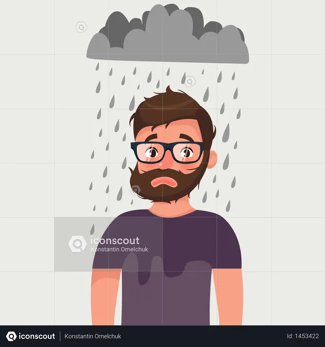 Unglücklicher Mann mit schlechter Laune im Regen  Illustration