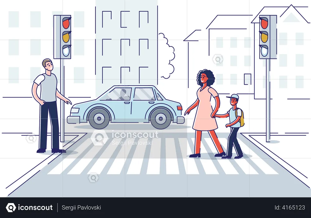 Pedestrian crossing road on crosswalk with street lights  Illustration