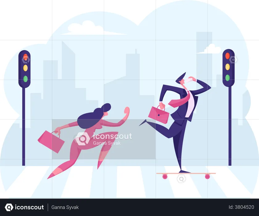 Pedestrians crossing road and going to office  Illustration