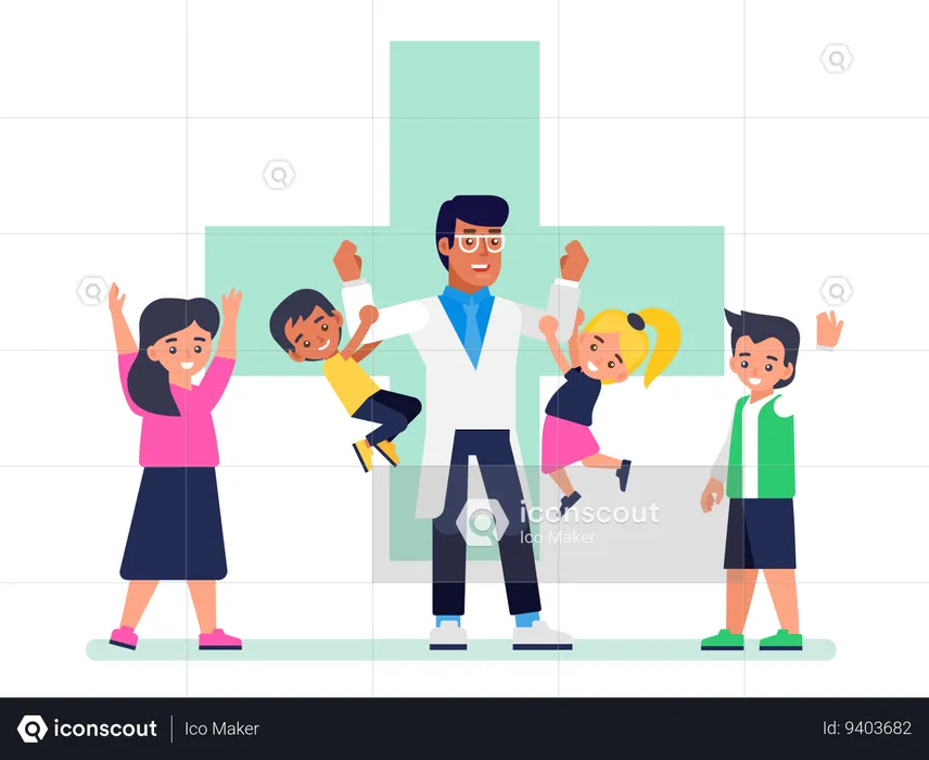 Médico pediatra e crianças felizes e saudáveis  Ilustração