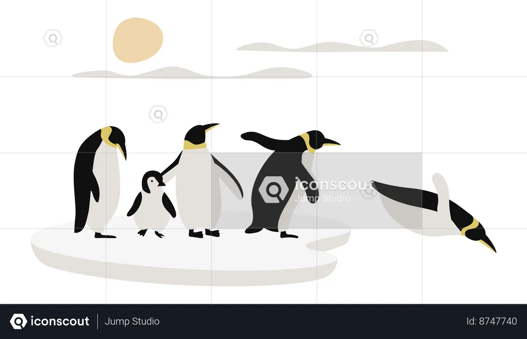 Penguin and Friends Stands On A Large Ice Floe  Illustration