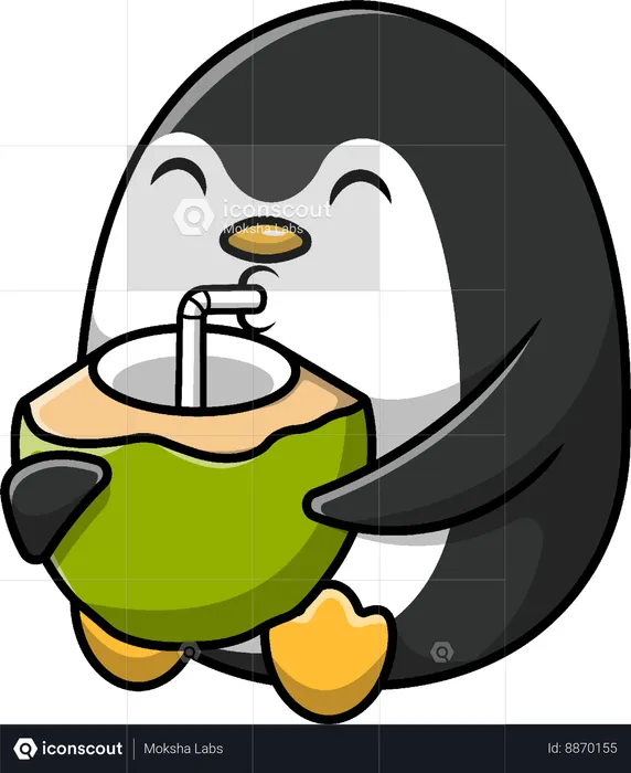 Penguin Drinking Coconut With Straw  Illustration