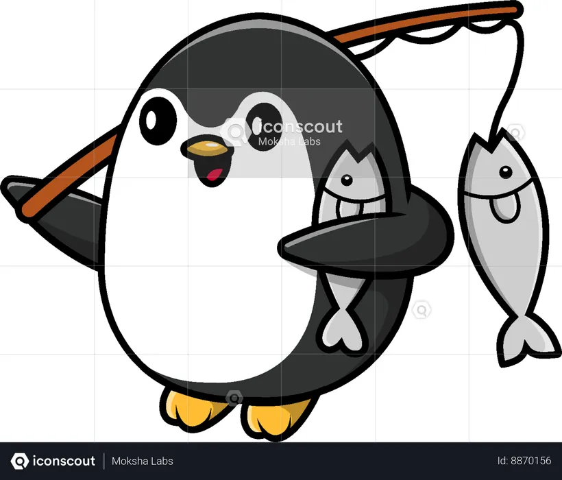Penguin Fishing With Rods  Illustration