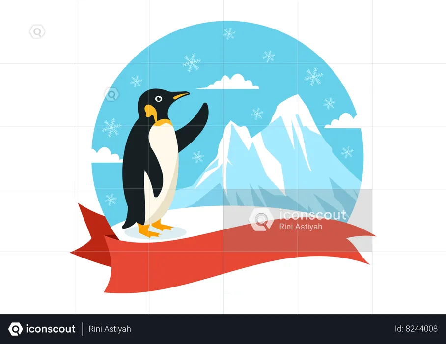 Penguin standing and showing mountian  Illustration