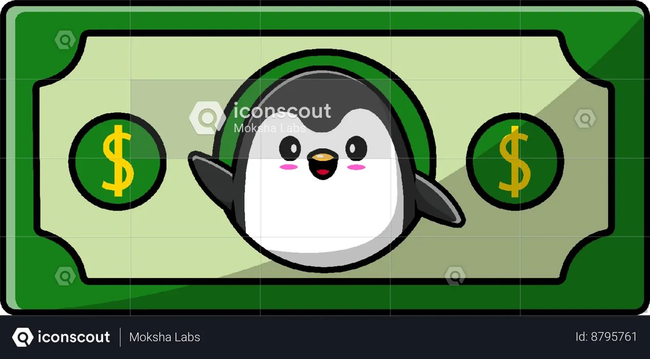 Penguin Waving Hand On Money  Illustration