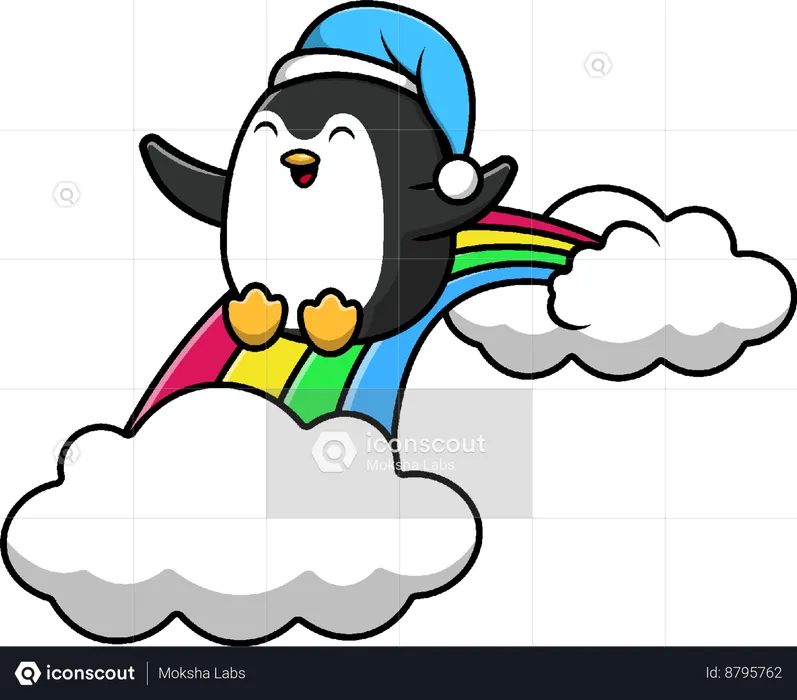 Penguin Wearing Cap Sliding On Rainbow  Illustration