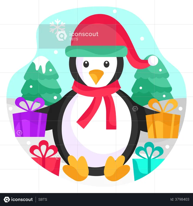 Penguin with Christmas gifts  Illustration